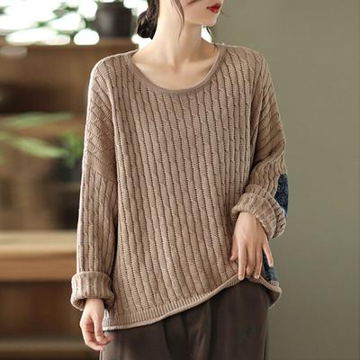 Women Casual Patch Knitted Sweater O-Neck Long Sleeve Loose Solid Color Pullover Autumn Comfortable Sweaters