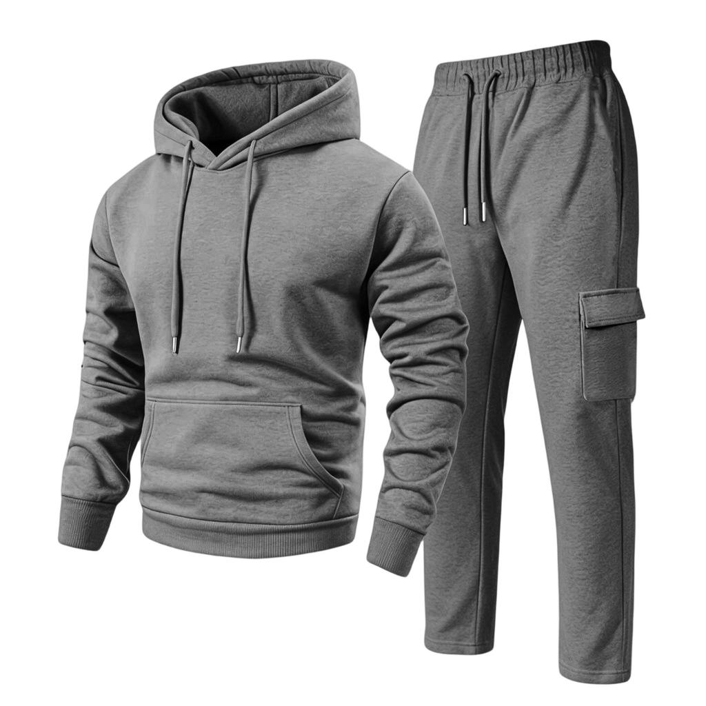 Men's Casual Hooded Zip-Up Jacket and Multi-Pocket Cargo Jogger Pants 2-Piece Set for Outdoor Sports