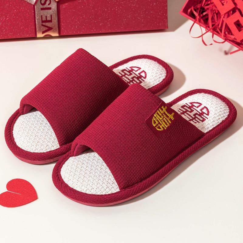 Red slippers wedding a pair of festive wedding dowry couple style indoor home linen slippers