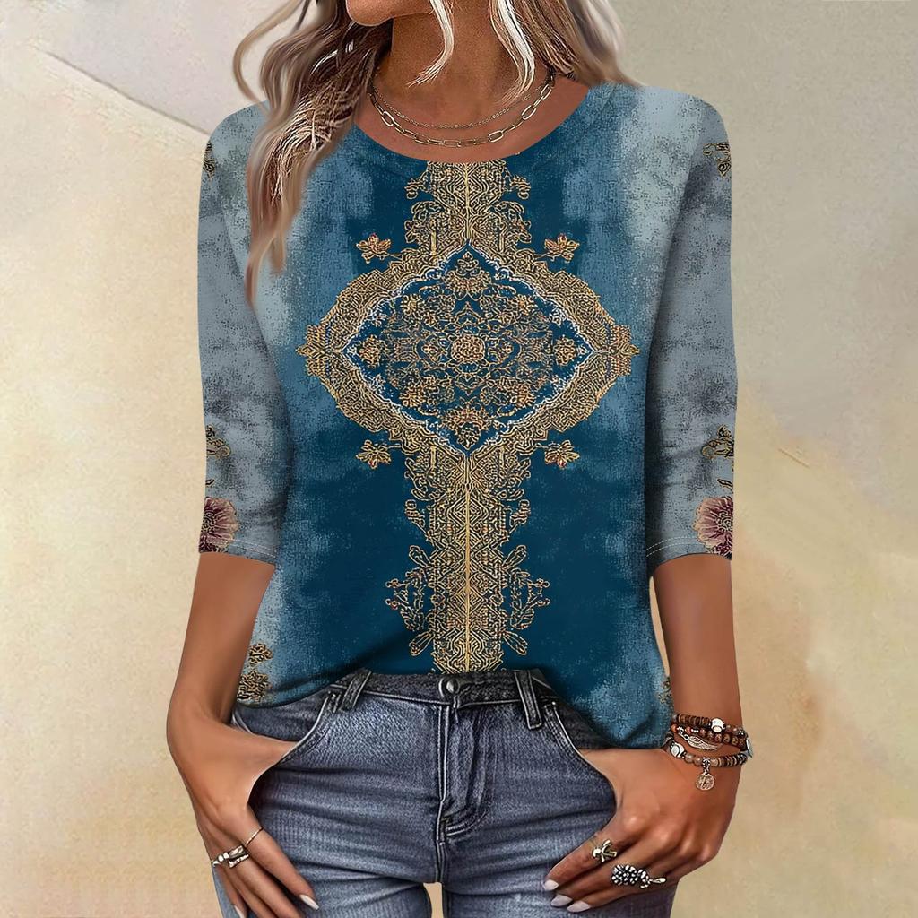 Módní vintage top s 3/4 rukávem pro ženy, dámská ležérní halenka s tříčtvrtečním rukávem a kulatým výstřihem s potiskem