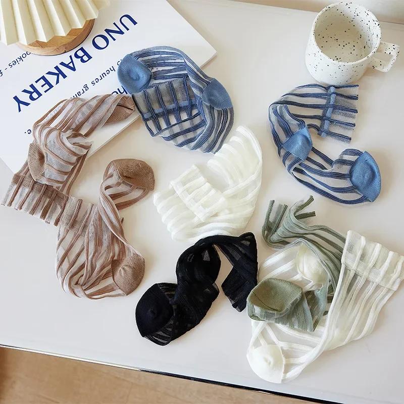 Summer Ultra-thin Women Socks Transparent Crystal Silk Socks Korean Fashion Striped Harajuku Streetwear Nylon Loose Long Socks