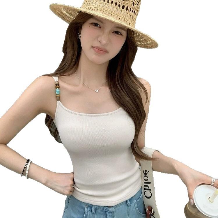 #Summer new sweet la beaded shoulder strap design sling vest slim fit all-match top with chest pad