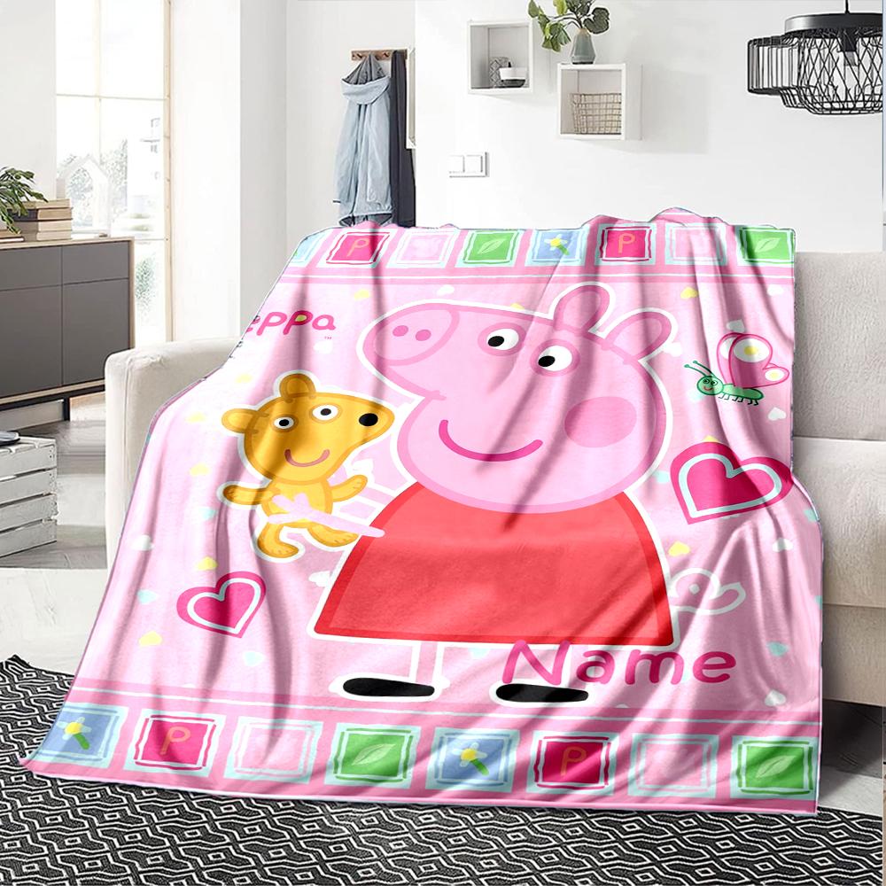Custom Name Peppa Pig Theme Printed Blanket - Perfect for Couch, Bed, Travel & Outdoor Use | Machine Washable, Cozy & Durable.