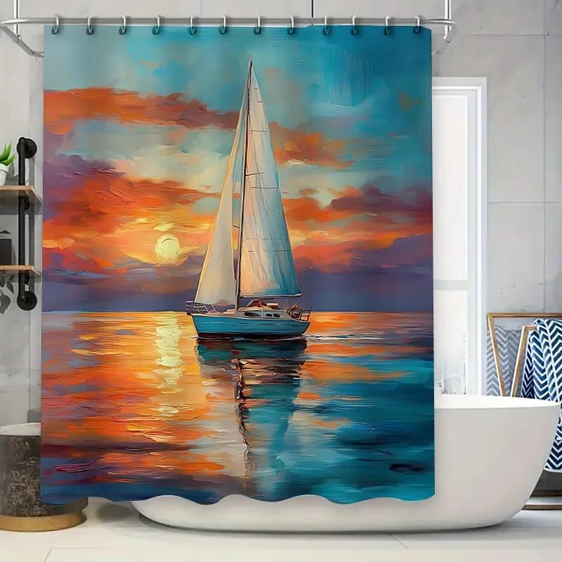 

Sailing Boat At Sunset Wall Decor - Vibrant Colors Artistic Shower Curtain For Home Decor - Unique Bathroom Accessory W60H190(CM)-1 Pcs