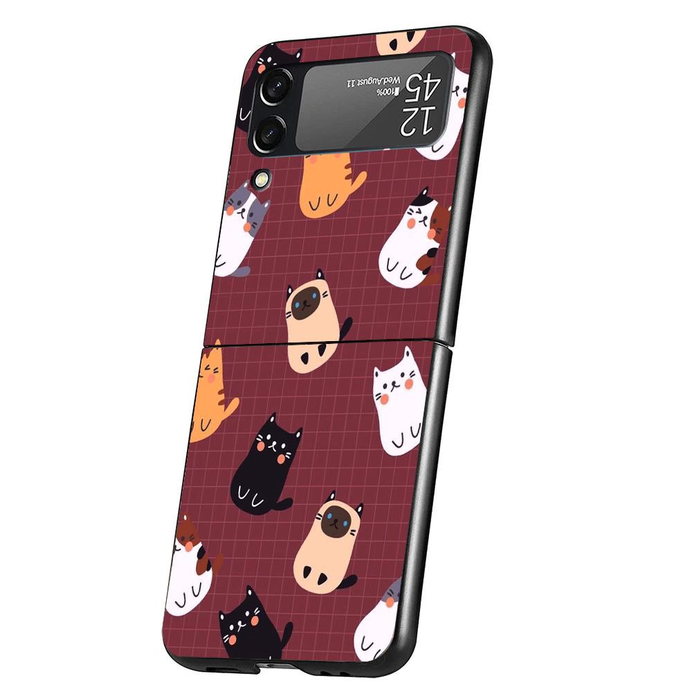 Cartoon Cute Cats Background Case Phone Cover for Samsung Galaxy Z Flip 6 5 4 3 5G ZFlip6 ZFlip5 ZFlip4 ZFlip3 Black Hard Trend