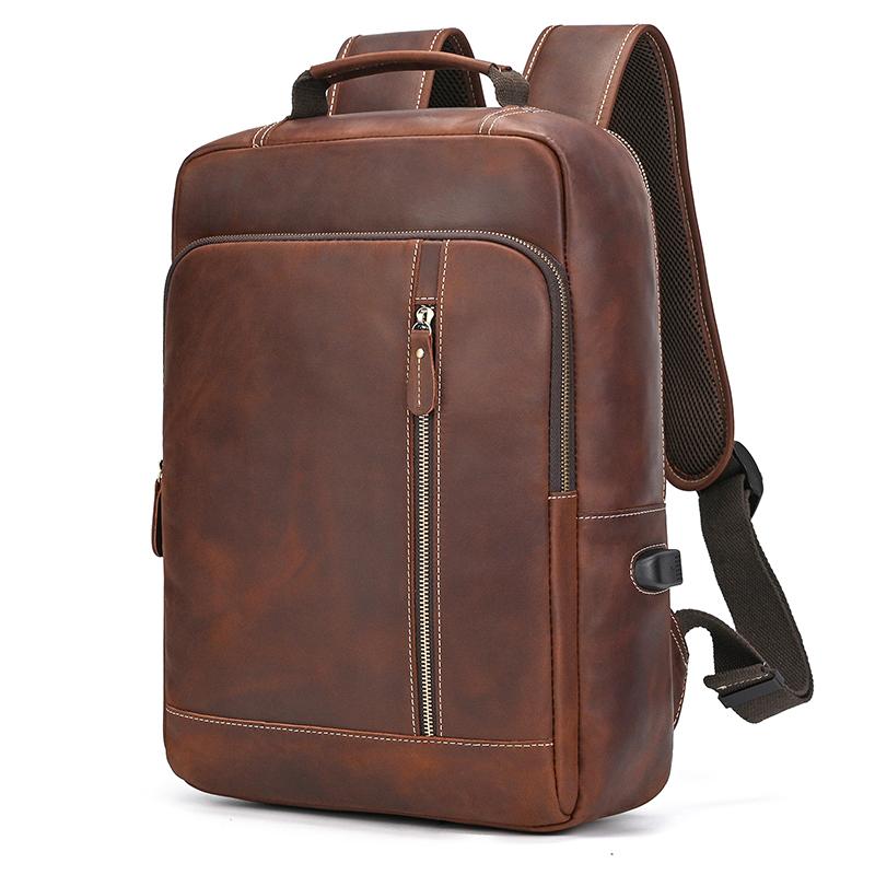 Retro Men's Crazy Horse Leather Backpack Laptop Backpack Leather Daypack Large Capacity Male Travel Backpack With USB Cable