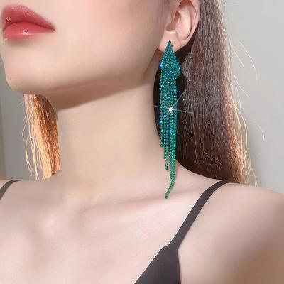 Stijlvolle Groene Glanzende Diamant Lange Oorbellen met Franjes