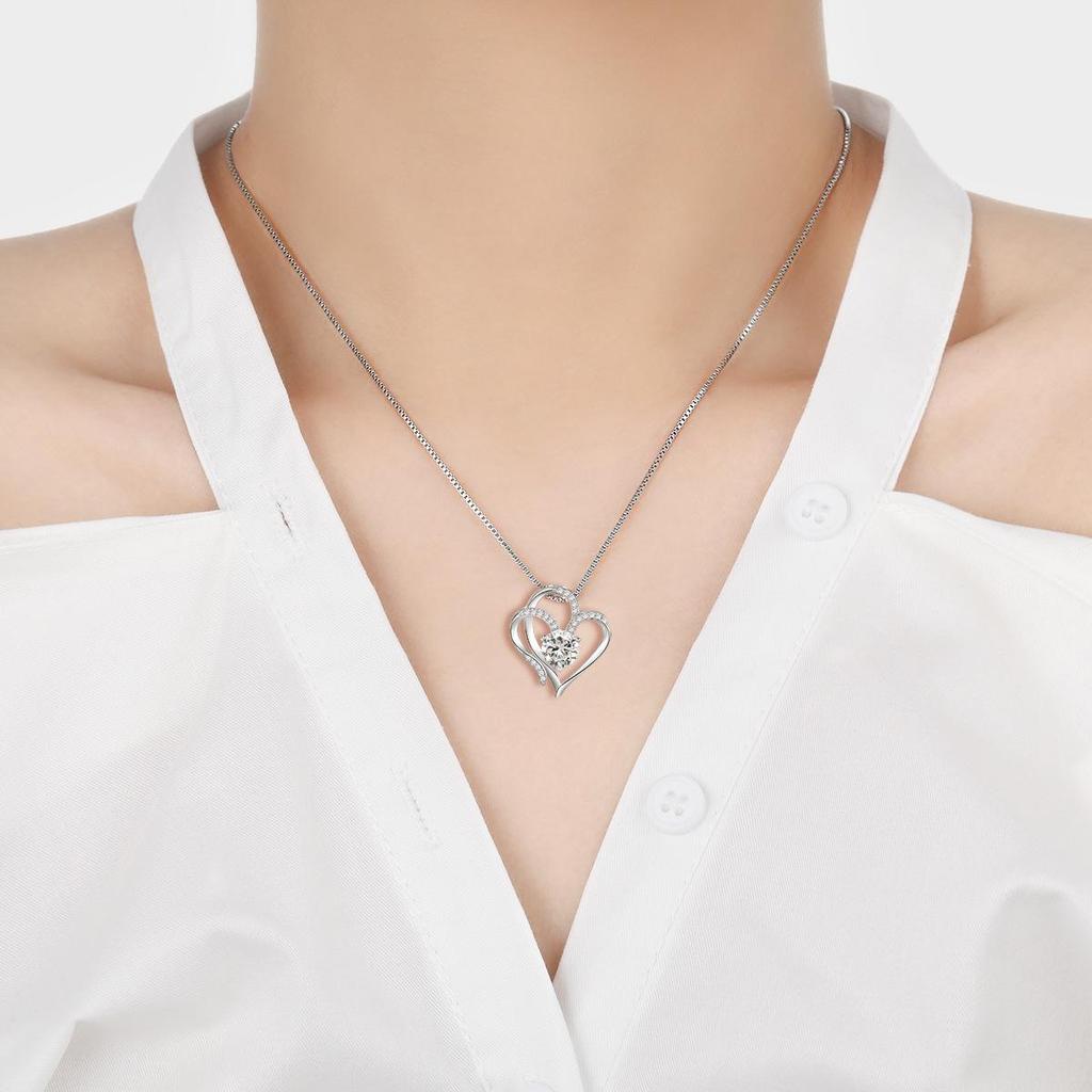 Elegant Double Heart Pendant Necklace with Colored Zirconia