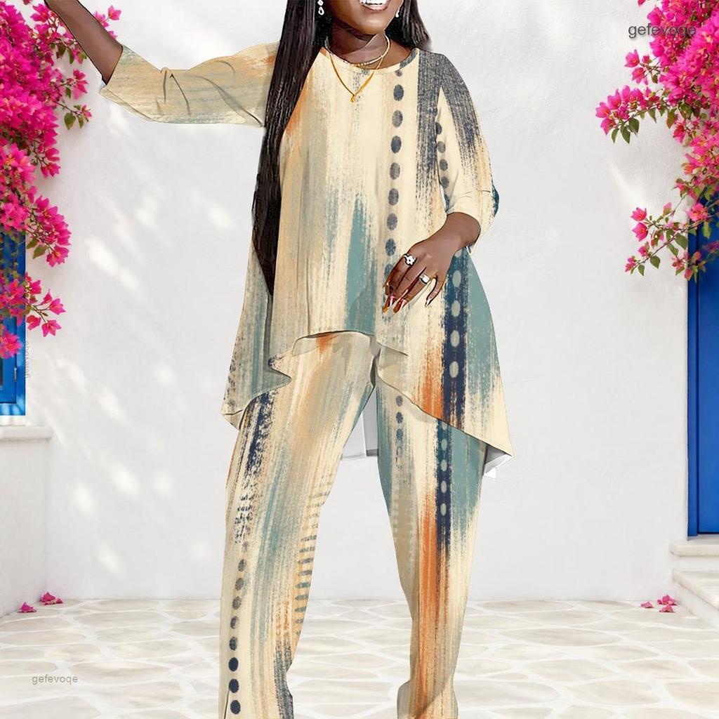 Women Plus Size Round Neck Printed Long Sleeve Layered Top Long Pants Two Piece Set