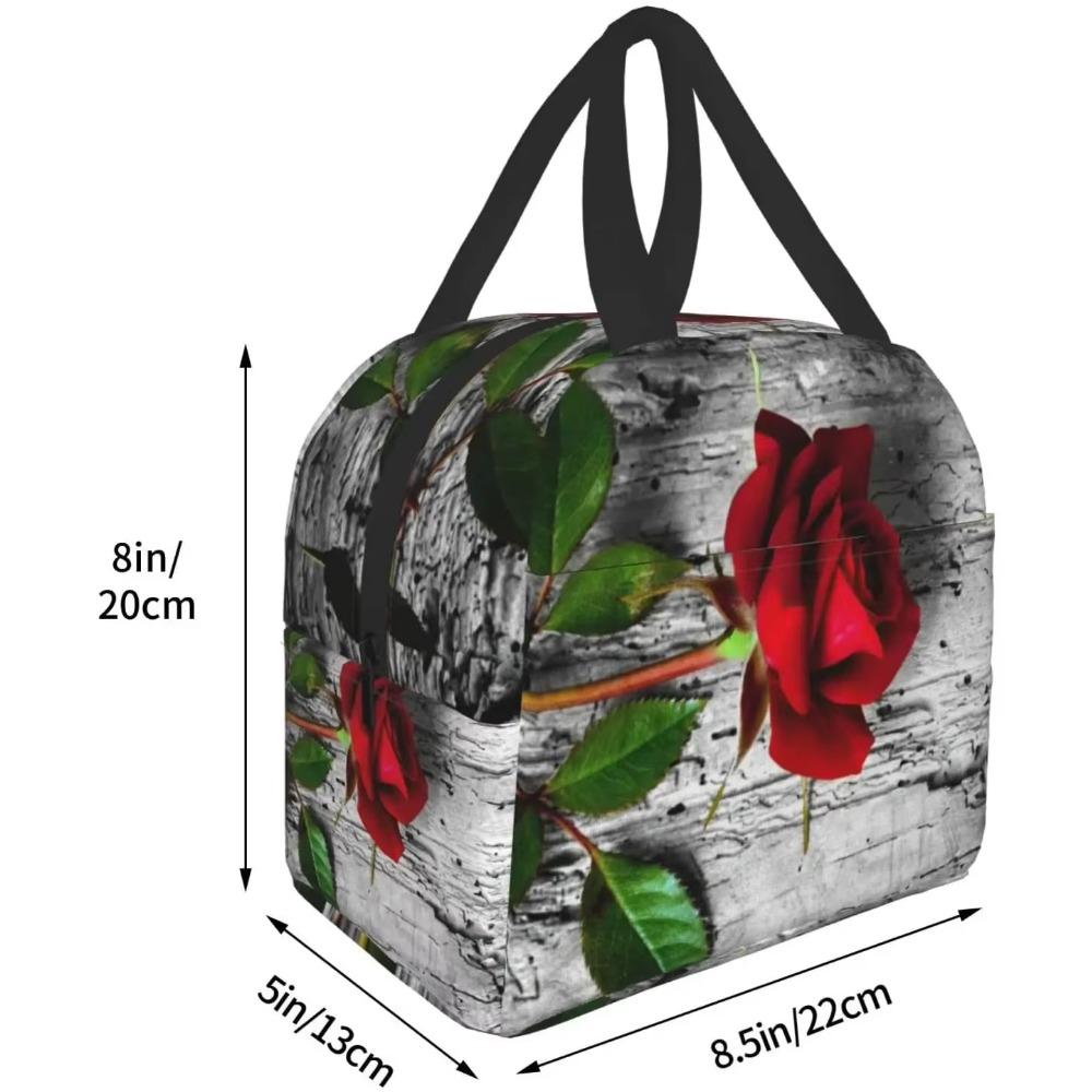 Red Rose Flowers On Gray Lunch Box Travel Bag Reusable Insulated Cooler Lunch Bags Girls Men Funny Picnic Tote Bag