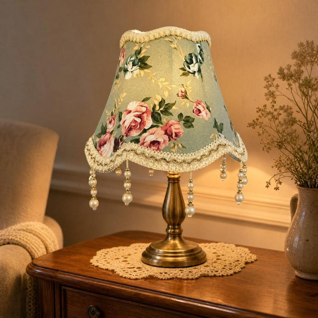 Floral Jacquard Lampshade Light Green with Hanging Bead Ornaments Tapered for Bedside