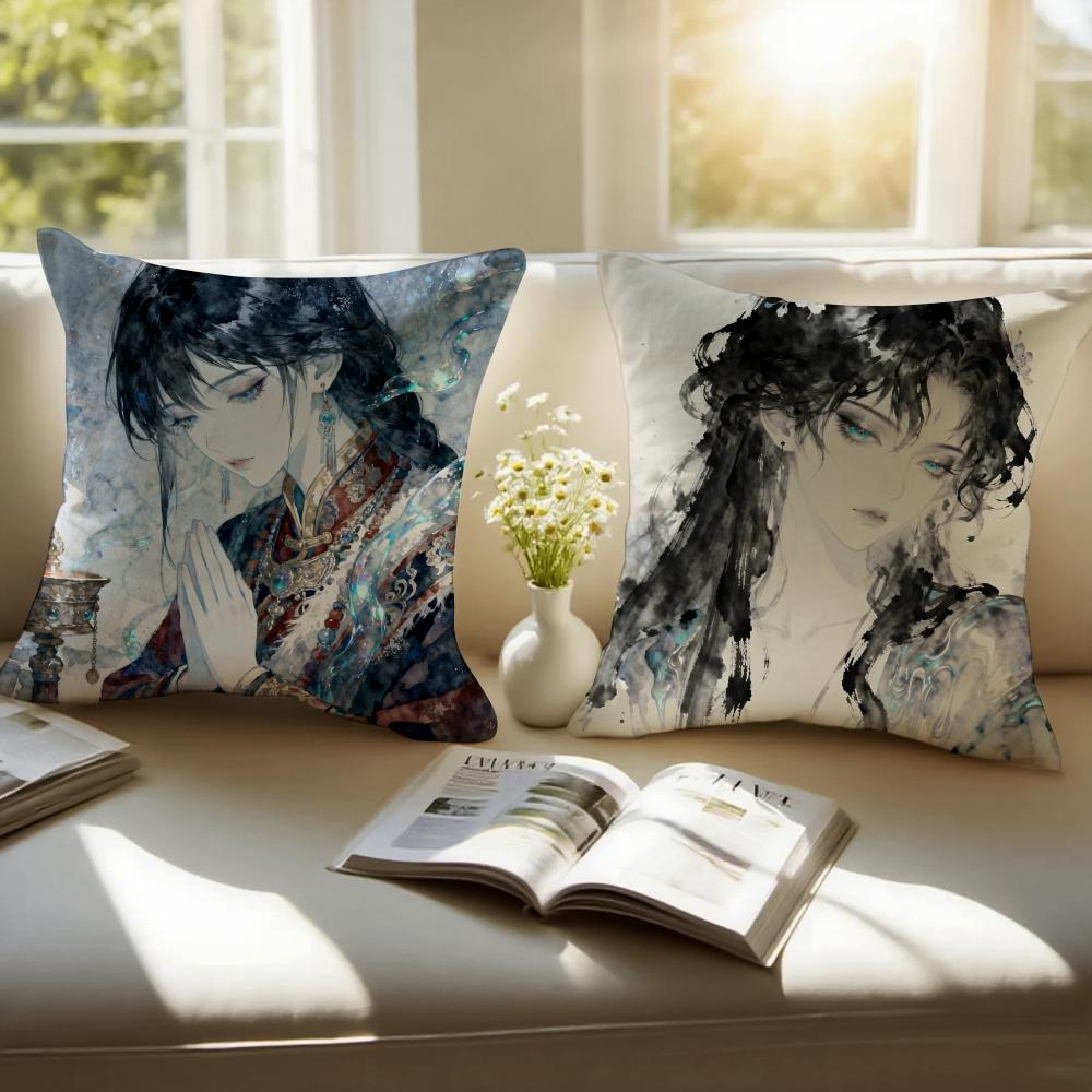 Elegant Nine Phases of Ink Painting Art Cushion Cover Pillowcase Antidustmite Invisible Zipper Short Plush Sofa Cushion