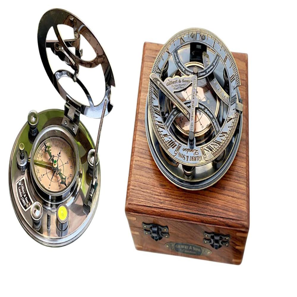 set of 2 -Personalized Brass Nautical Sundial Compass with Handmade Wooden Box standard