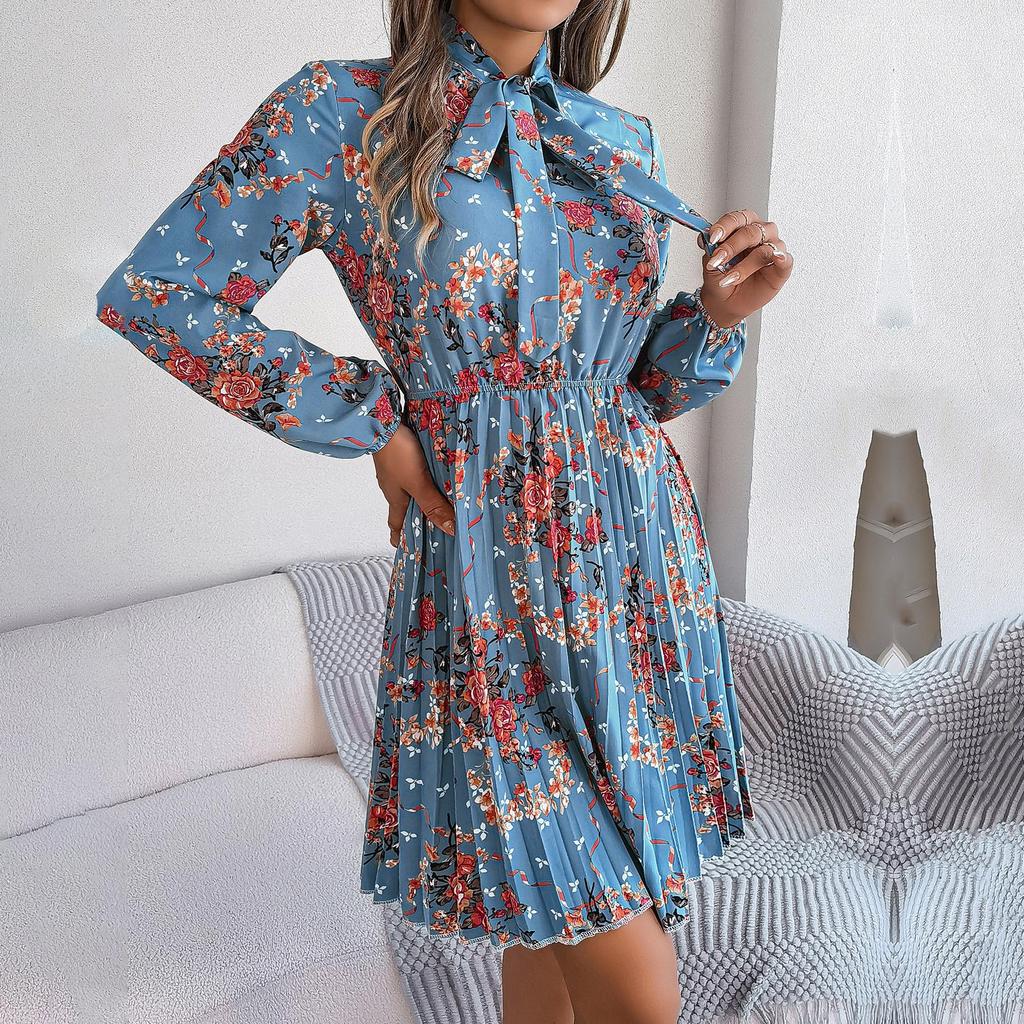 Jesienno-zimowa damska sukienka z długim rękawem w kwiaty, plisowana, z wysokim stanem i linią A