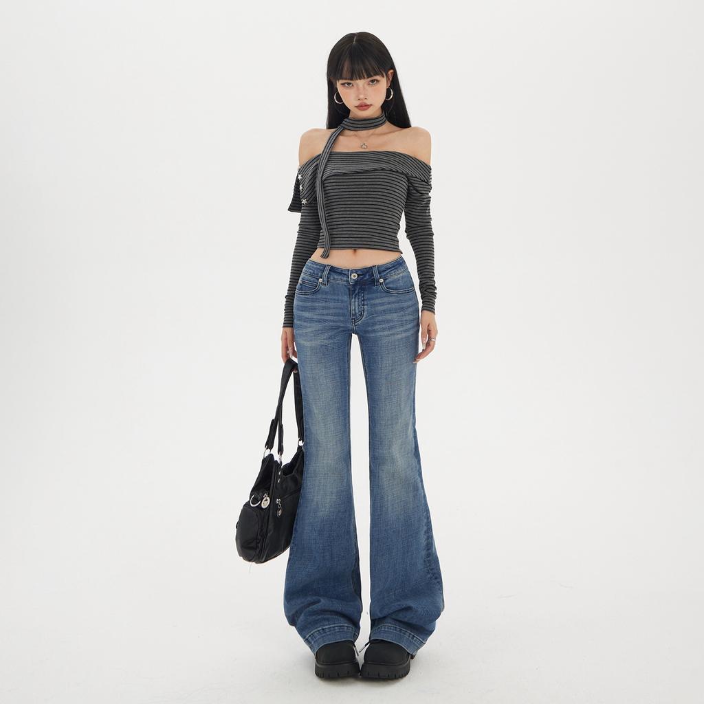 Washed cat whisker low-rise slightly pulled jeans women's early autumn new slim-fitting and thin versatile horseshoe flared pants