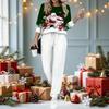 Dames Kerstprint Tweedeelig Outfit, Lange Mouw Ronde Hals Top & Trekkoord Joggingbroek Casual Trainingspak voor Lente Herfst