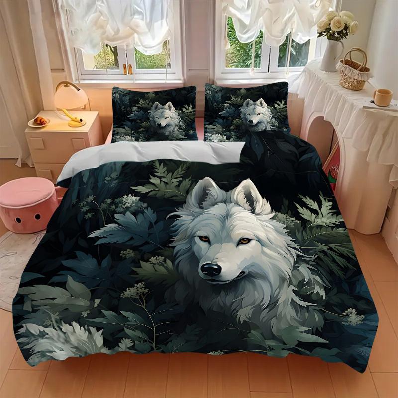 3pcs White Wolf in the Enchanted Forest Print Cover Set Ultra Soft, Breathable, and Comfortable Bedding with Stylish Design for Bedroom and Guest
