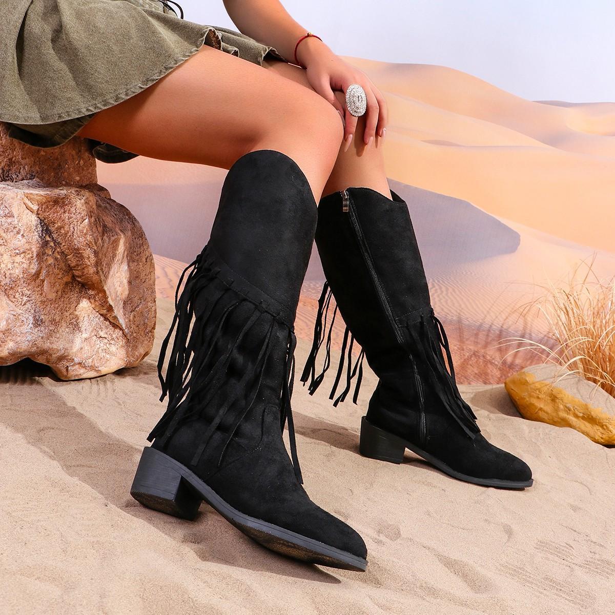 

Высокие ботильоны с кисточками для женской осенне-зимней коллекции, новые ботильоны-казаки в западном стиле с V-образным вырезом и толстым каблуком для женщин 36 чёрный