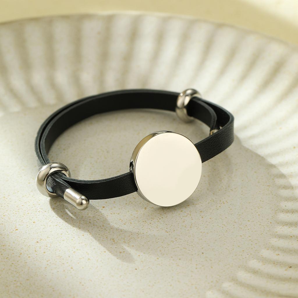 GEMCHIC Women's Round Leather Bracelet with Stainless Steel Disc, DIY Laser Engraving Custom Bangle, Fashion Geometric Wristband Gift