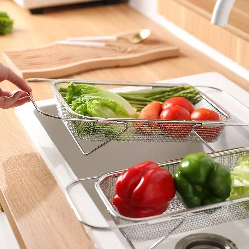 Stainless Steel Strainer Basket Colander Basket Colander with Fine Mesh Fruits Vegetables Strainer Basket Expandable Over Sink