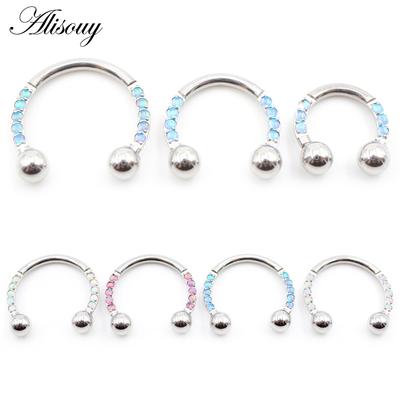 Alisouy 1PC Stainless Steel Opal Horseshoe Lip Labret Nose Ring Daith Ear Septum Tragus Cartilage Helix Earring Piercing Jewelry