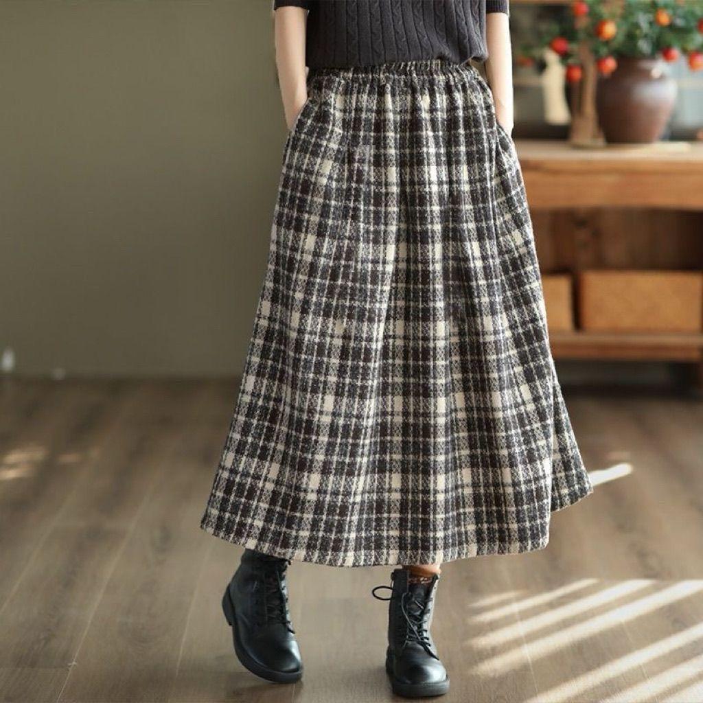 Retro Zesílená Dámská Podzimní Zimní High-End Vlněná Kostkovaná Midi Sukně Slim-Fit