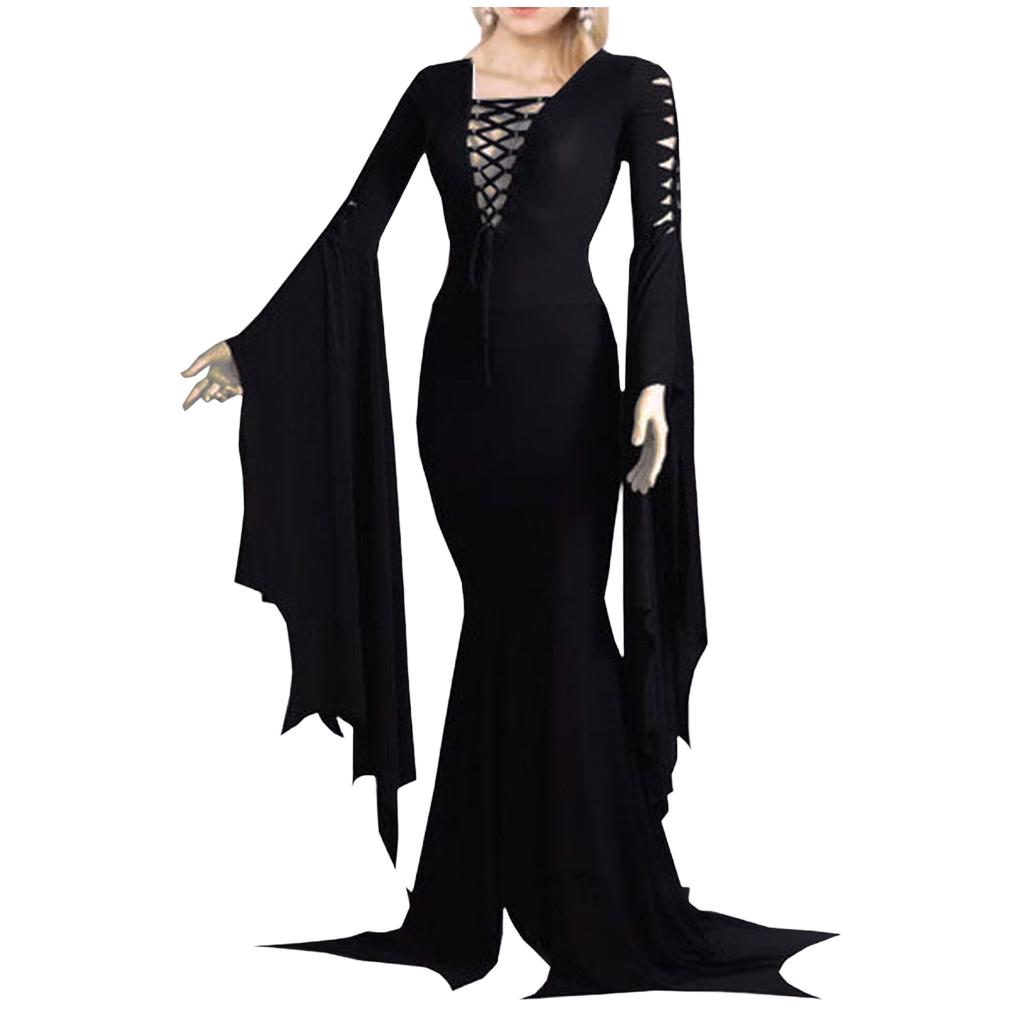 Women's Halloween Gothic Retro V-Neck Lace-Up Flare Sleeve Bodycon Dress for Costume Party