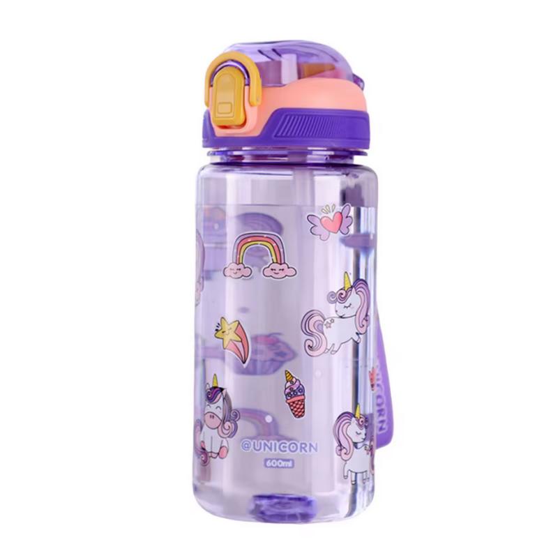 600ml Cute Water Bottle with Silicone Straw Leakproof Dinosaur Rabbit Design Portable Outdoor Sports Drinkware for School Travel