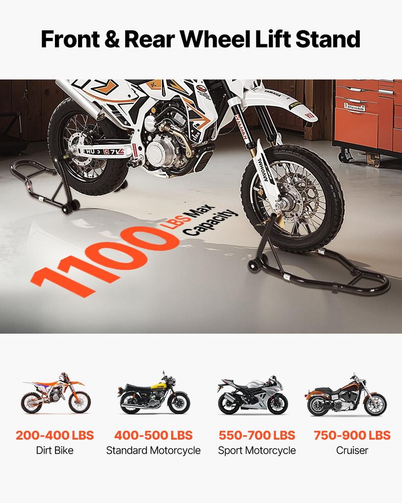 VEVOR Motorcycle Stand Lift, 1100lbs Capacity Front Rear Combo Stand Lift, Front Wheel Dual-Fork Stand, Rear U+L Fork Swingarm Spool Stand