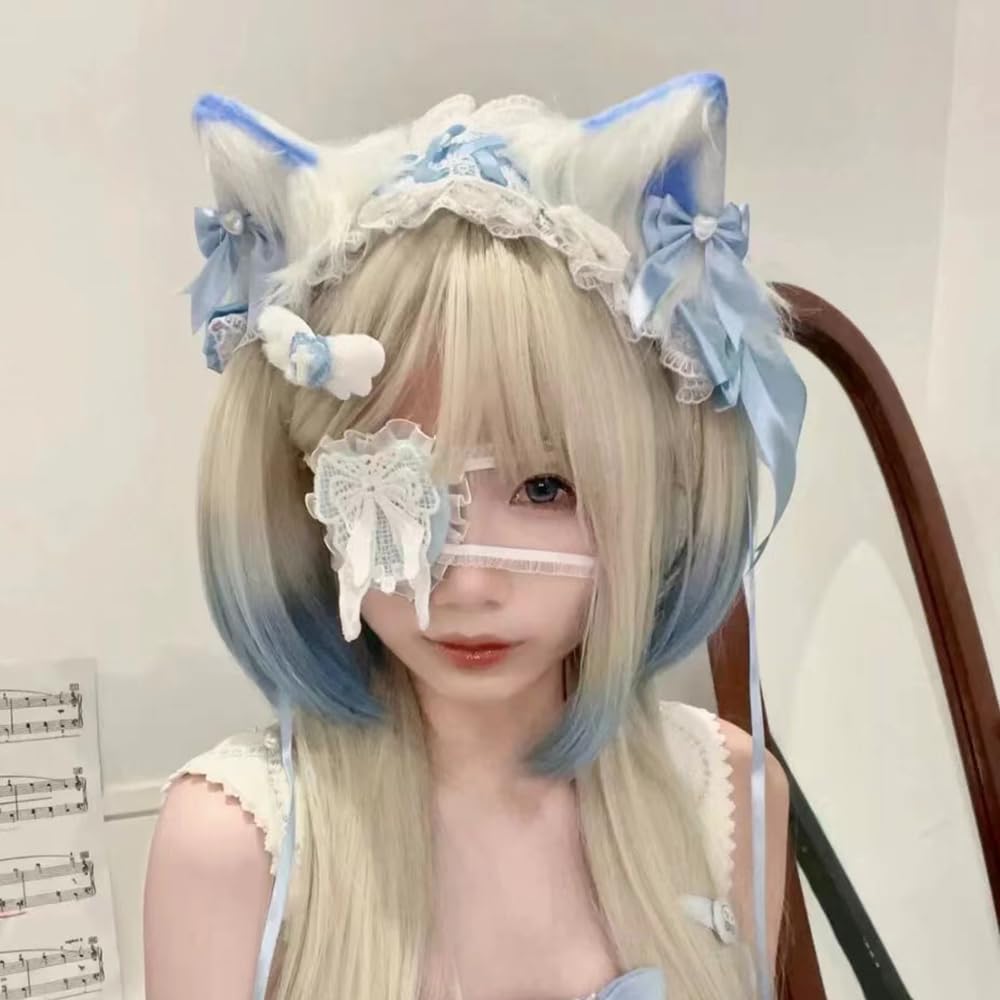 GUFER Cat Ear Lolita Ribbon Hair Gothic Lolita Lace Hair Cosplay Accessory Headband, Accessory, Headpiece, Ornament, (Blue)