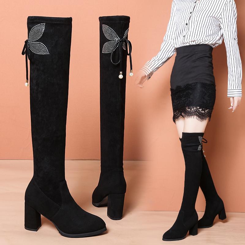 Ladies Shoes On Fashion Sleeve Women's Boots Winter Round Toe Solid Shoes Female Long Barrel Chunky Heels Large Size Boots