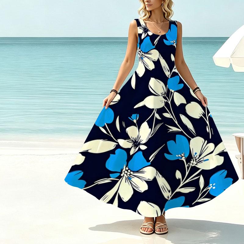 Women's U-Neck Sleeveless Maxi Dress,Fresh Floral Print,Flowy Lightweight Swing Hem Ideal for Beach Vacation,Daily Home Casual Summer Outfit