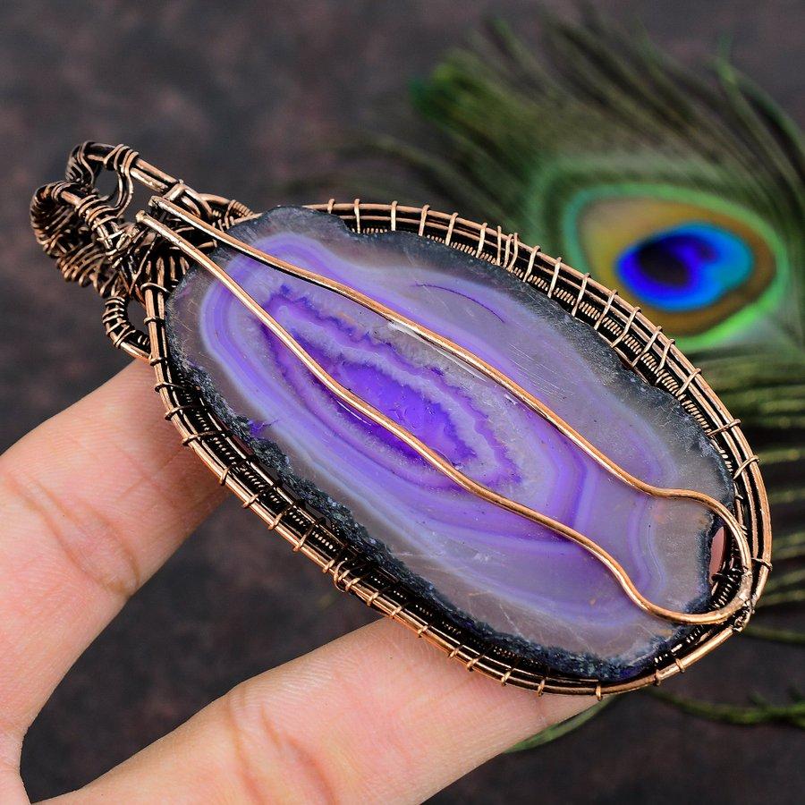 Natural Purple Botswaba Druzy Gemstone Copper Wire Wrap Pendant 3.86 p9g49