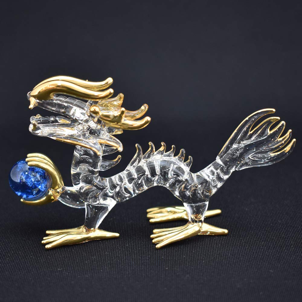 Four Cart Handmade Glass Feng Shui Good Luck at Work [Dragon Holding a Ball] 4-inch x 3-Piece Set