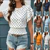 2026 Spring/Summer European & American Polka Dot Shirred Round Neck Short Sleeve T-shirt