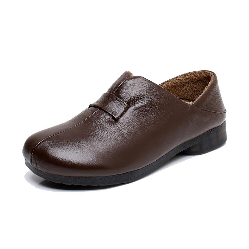 Genuine Leather Women Shoes Low Heel Warm Fur Mom's Shoes Soft Bottom Loafers Comfy Flats Ladies Casual Shoes