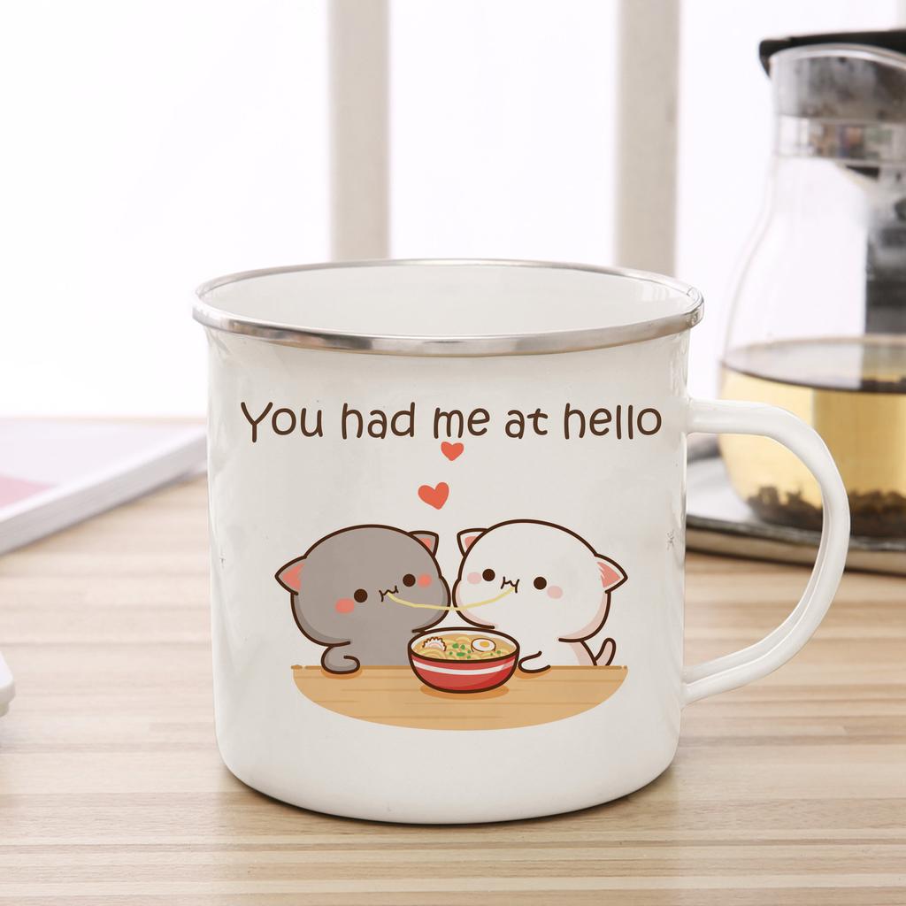 New Peach and Goma Cat Enamel Coffee Tea Cup Cute Animal Breakfast Dessert Milk Water Cup Couple Gift Original Breakfast Cups