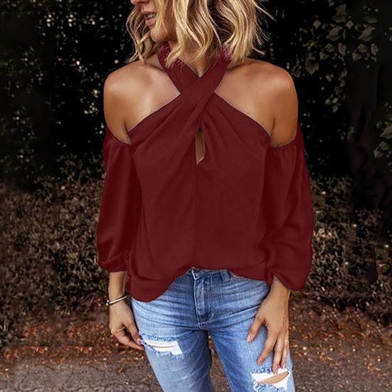Women Solid Color Long Sleeve Sexy Halter Off Shoulder Back Zipper Blouse Top