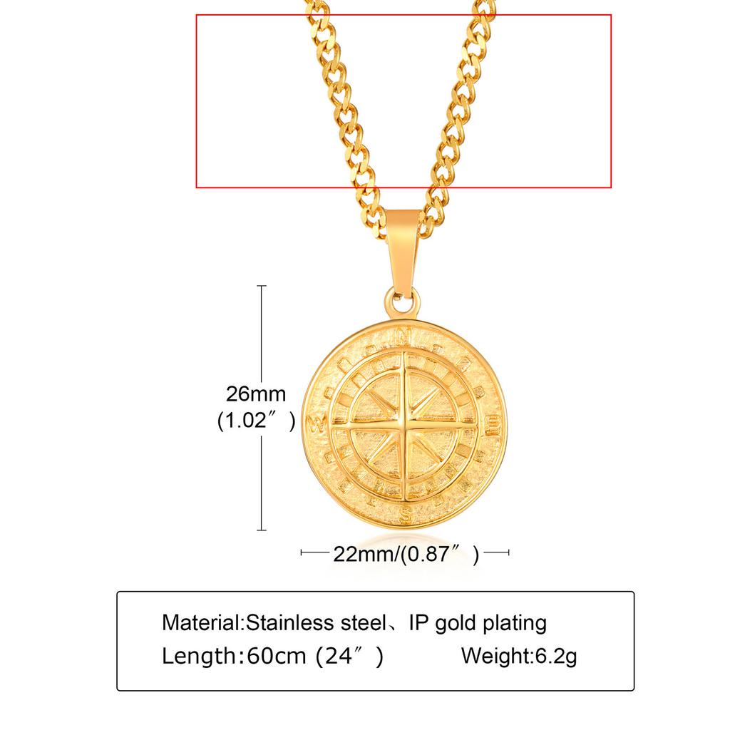 Reisekompass Anhänger Halsketten für Männer Einfach Rund Goldfarbe Edelstahlkette Hip Hop Schmuck Männliche Geschenke Großhandel
