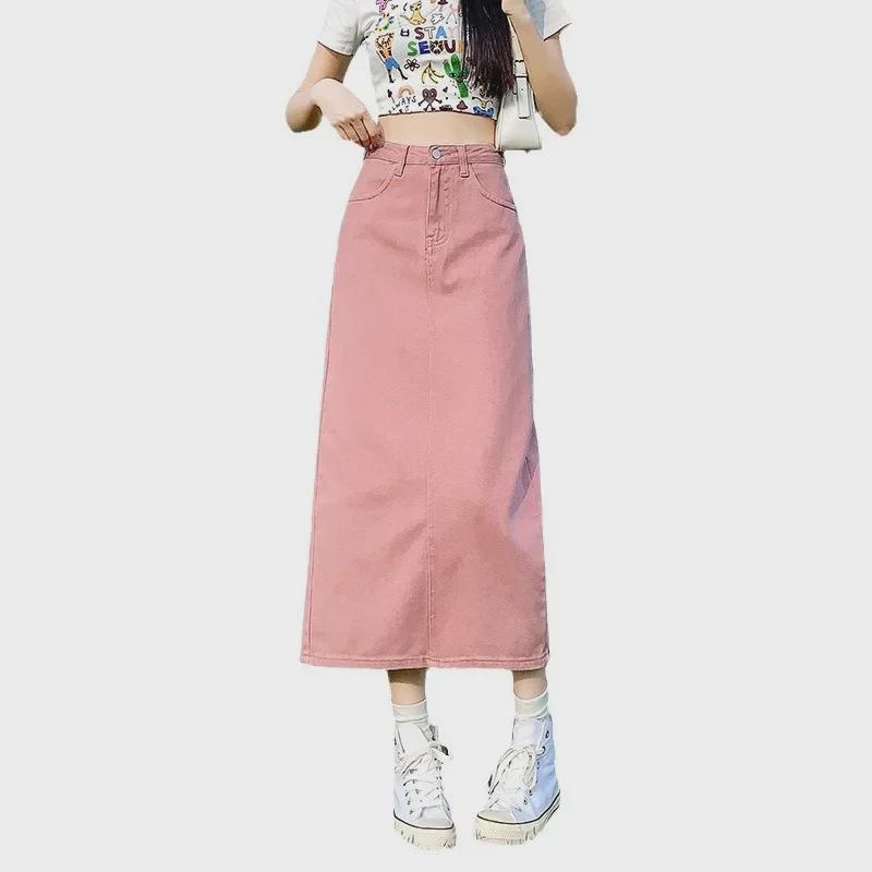 2024 Women's High Waist Pink A-Line Denim Skirt - Slim, Lightweight, Summer Style with Small Split