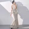 Champagne Evening Dress Women's High-end Banquet Temperament Light Luxury Niche Host Fishtail Sequined Graduation Dress High-end
