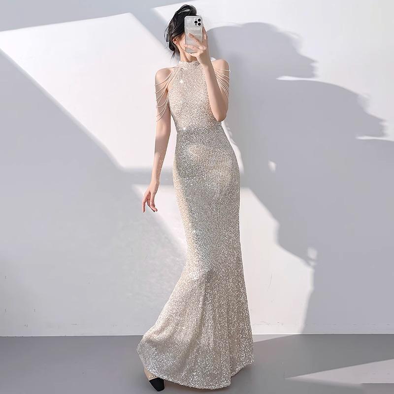 Champagne Evening Dress Women's High-end Banquet Temperament Light Luxury Niche Host Fishtail Sequined Graduation Dress High-end