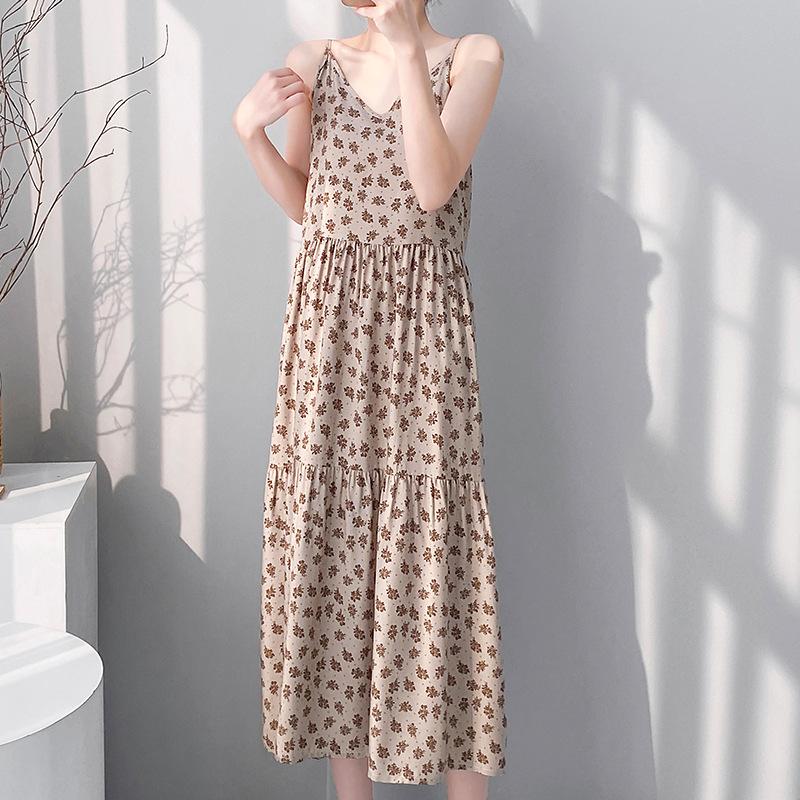 Printed women's cotton and silk nightgown large size sweet floral pajamas sleeveless loungewear summer thin can be worn outside