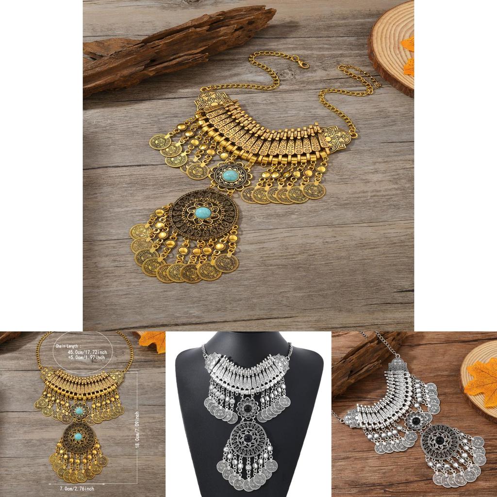 Classic Gold Silver Finish Coin Tassel Necklace With Geometric Pendant For Festival Wear