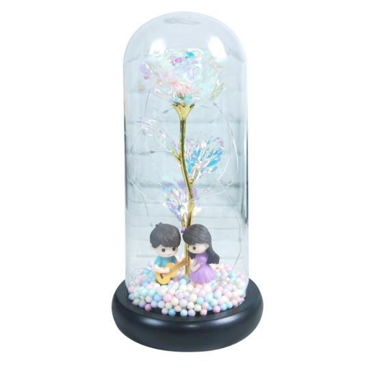 Rose Lamp Romantic Glass Dome Simulated Plastic Colorful LED Artificial Flower Decor for Valentine's Day