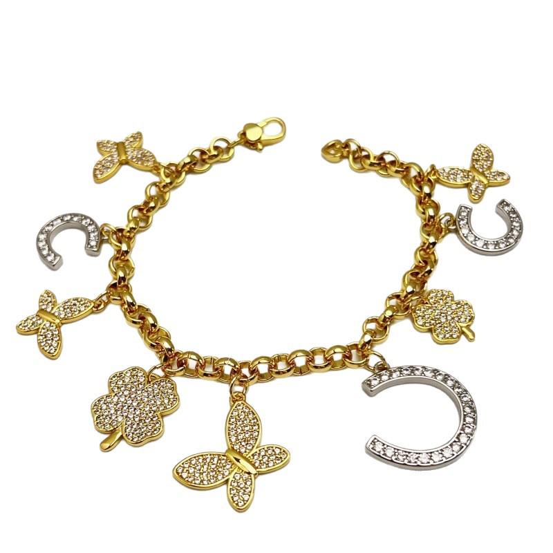 18k Gold Plated Diamond Butterfly Clover Pendant Bracelet