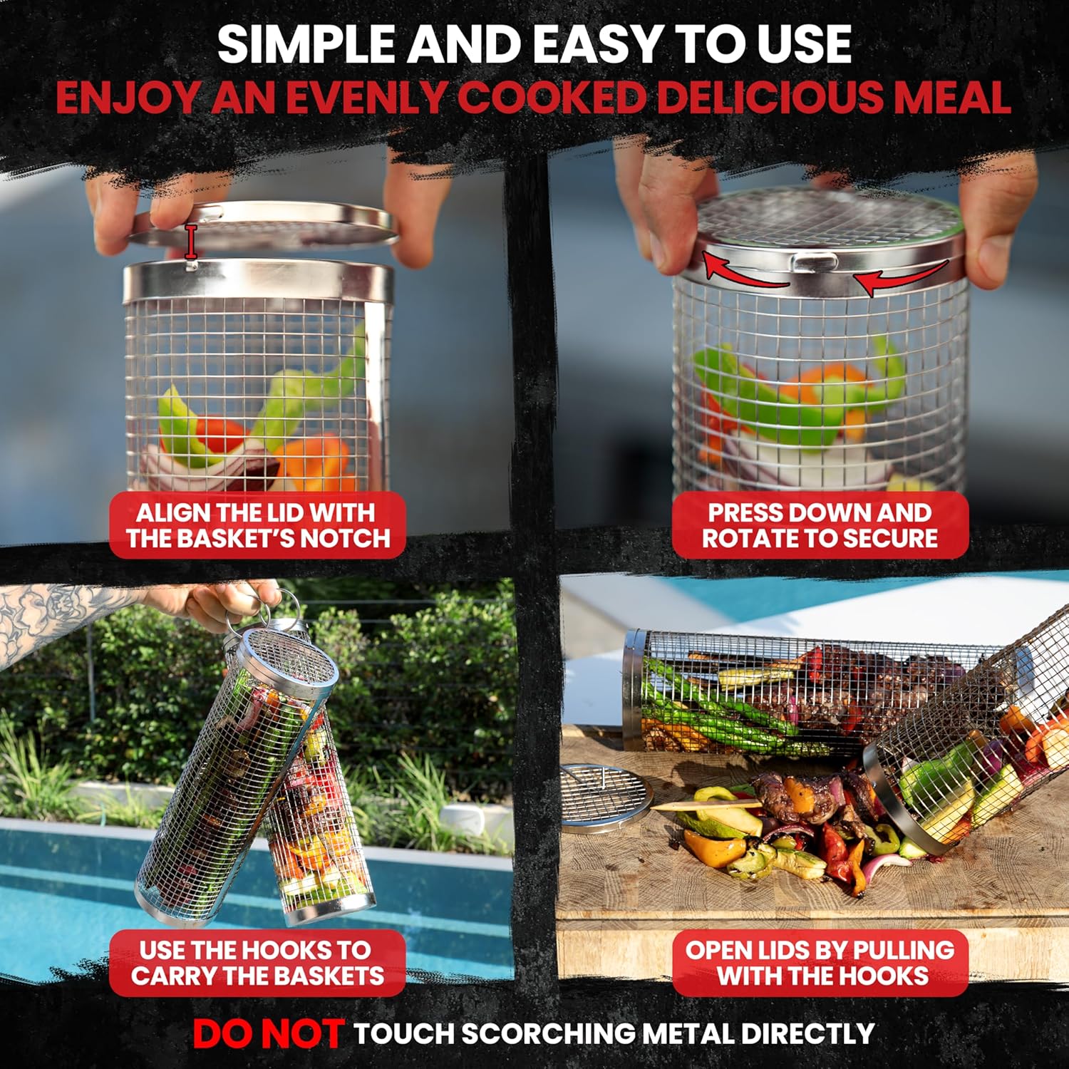 Rolling Grill Basket 2 Pcs - Portable BBQ Net Tubes for Outdoor Grill, Round Tubes Stainless Steel Grill Rolling Baskets, Grill Baskets for Veggies,