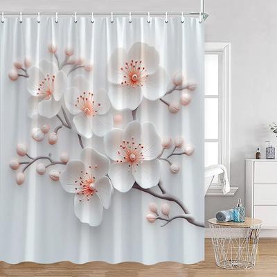 Rideau de Douche Floral Blanc Or Luxe Rose Papillon Fleur de Cerisier Art Moderne Fleur Tissu Polyester Rideaux de Bain Décor