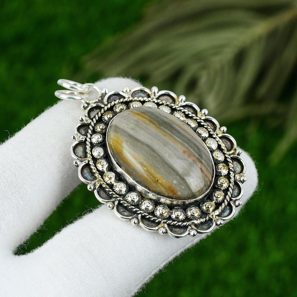 925 Silber Kaiserjaspis Stein Lünette Neu Verlobung Jahrestag Ethnisch Anhänger