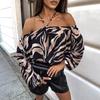 2025 New Sexy Off-Shoulder Halter Long Sleeve Printed Lantern Sleeve Top for Women